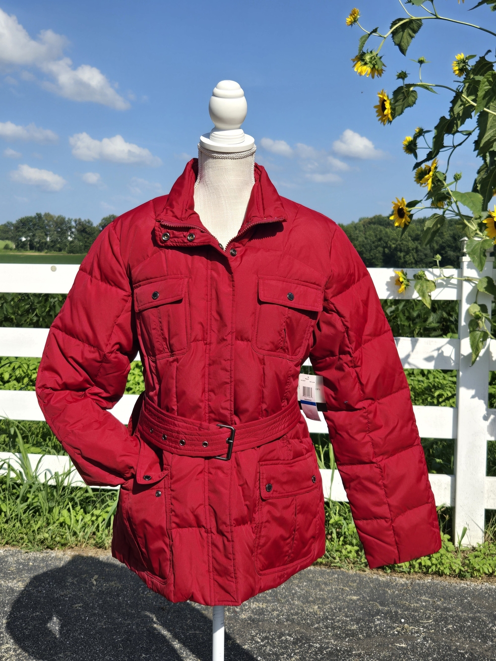 Calvin Klein Red Quilted Belted Bomber Jacket